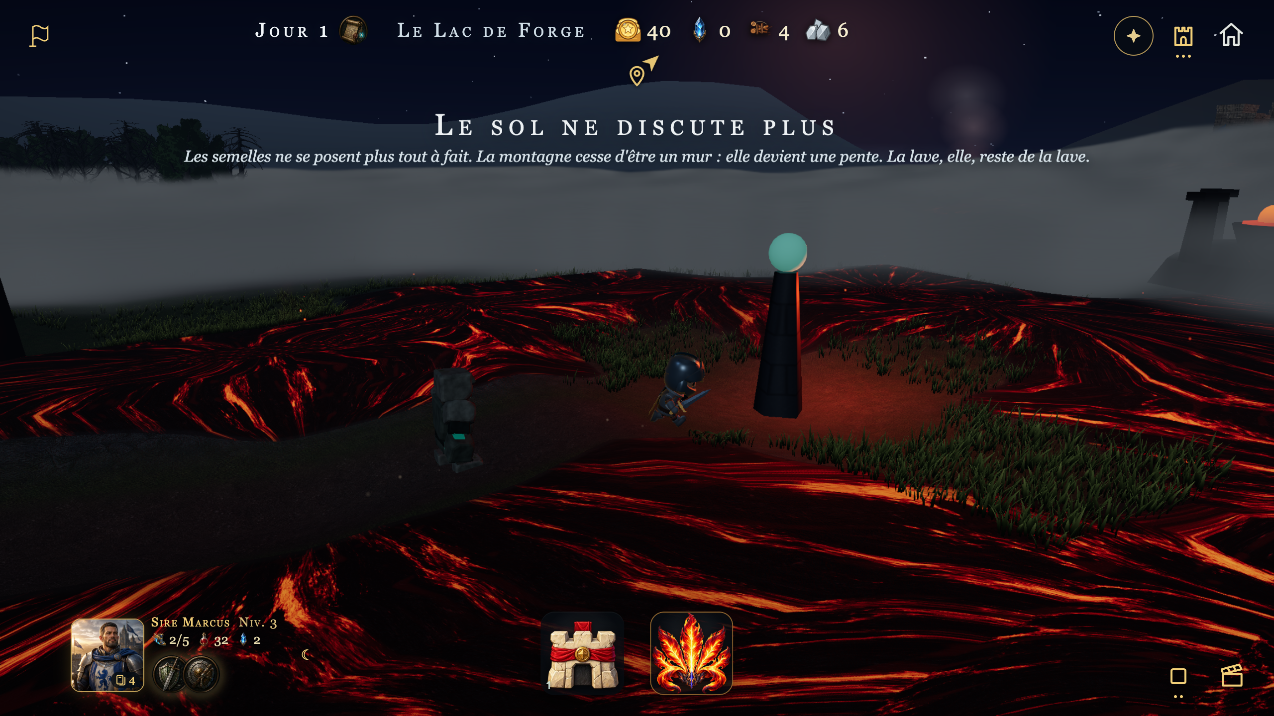 Marcus équipé des Bottes du Vent, sur une langue de terre entourée de lave, avec Mista à ses côtés.