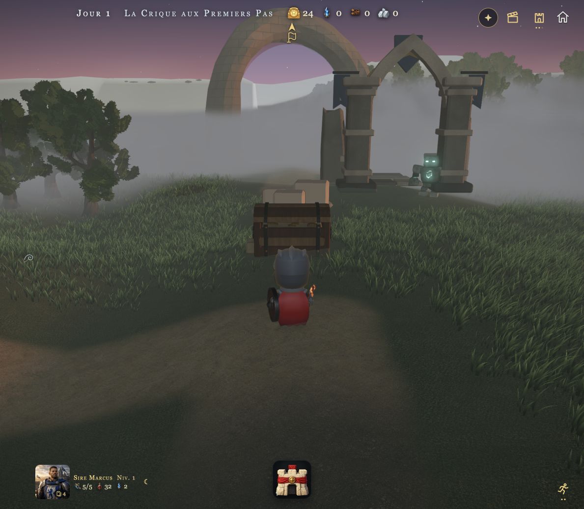 Marcus de dos, cape rouge et bouclier, devant un coffre dans la Crique aux Premiers Pas. Un petit golem attend près d’une arche dans la brume.