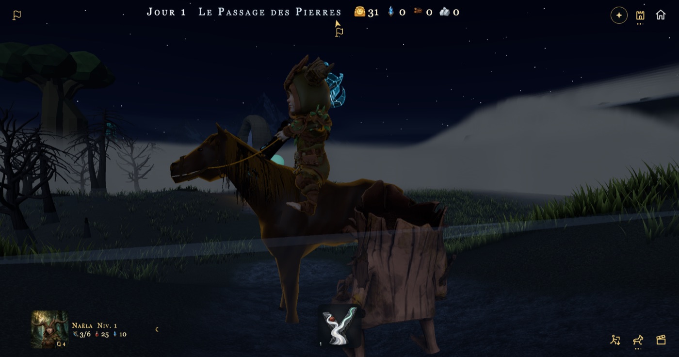 Naëla de profil à cheval dans la nuit, capuche à ramures, bâton dont la boule bleue crépite ; au premier plan une souche vivante, son compagnon.