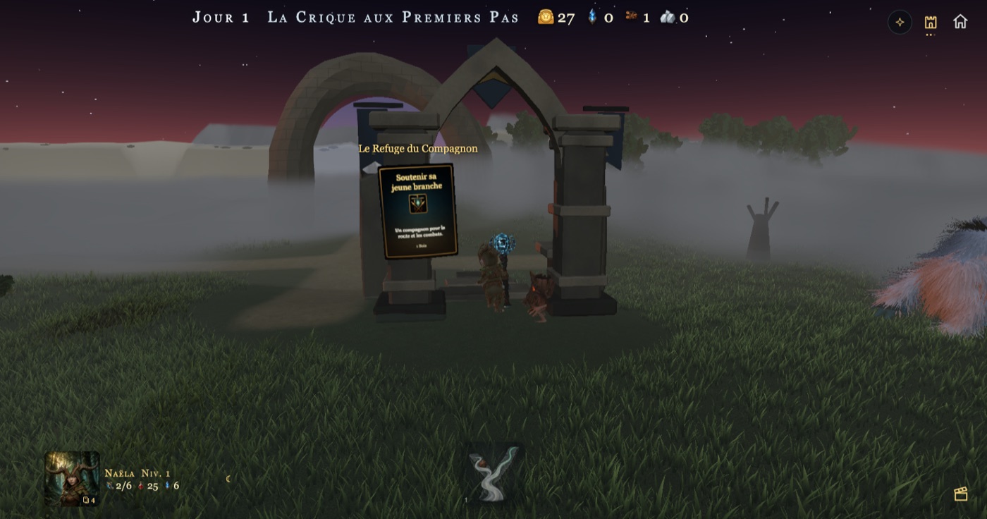 Sous une arche, une carte sombre : « Soutenir sa jeune branche — Un compagnon pour la route et les combats. 1 Bois » ; Naëla entre les piliers, la bestiole à ses pieds ; à droite dans la brume, un arbre mort aux bras levés.