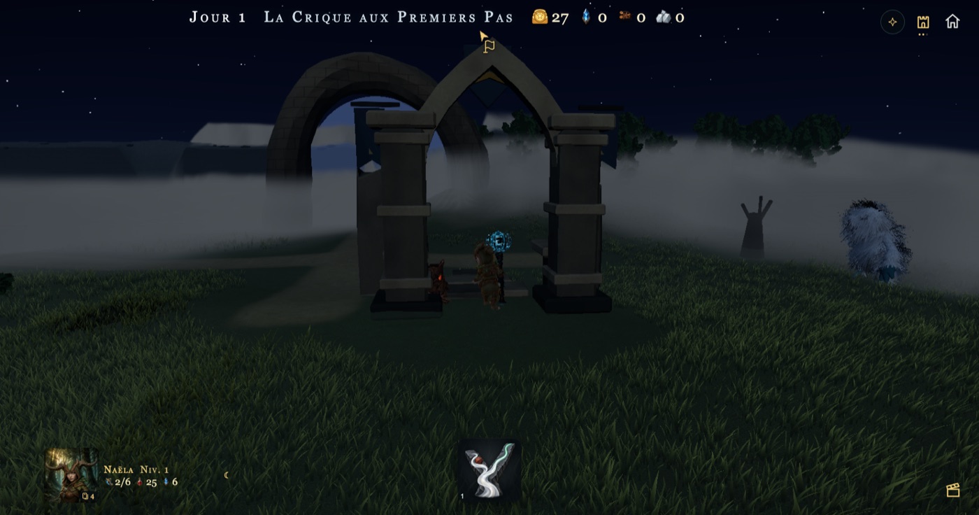 Nuit noire étoilée sous l’arche ; Naëla et une petite souche rousse ; à droite, dans la brume, une grosse silhouette blanche et hirsute à crinière sombre.