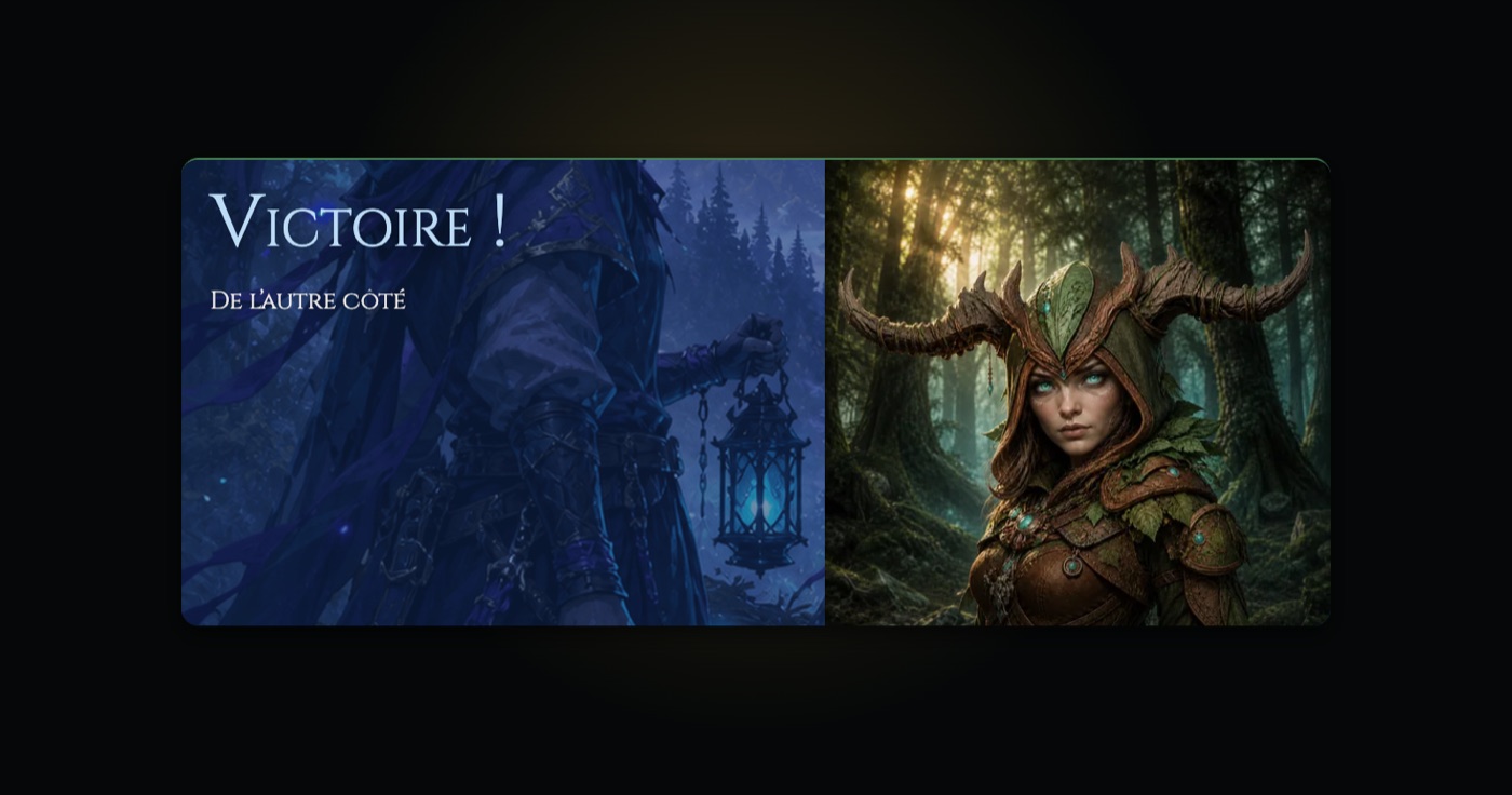 Une carte de victoire : à gauche, un personnage bleu qui tient une lanterne dans la neige, « Victoire ! — De l’autre côté » ; à droite, le portrait de Naëla, yeux clairs sous ses ramures.