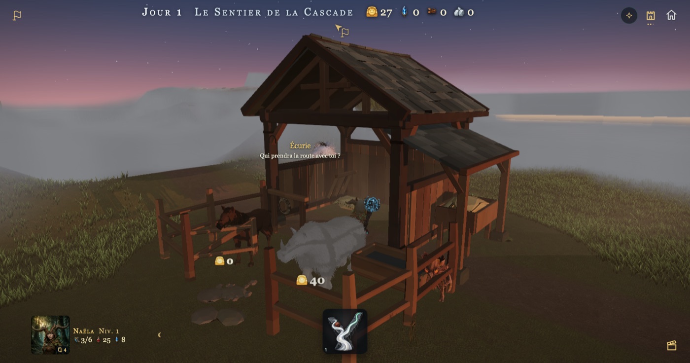 L’intérieur de l’écurie au crépuscule : « Écurie — Qui prendra la route avec toi ? » ; un cheval bai dans un enclos marqué 0 or, et une grande bête blanche grisée marquée 40 or.