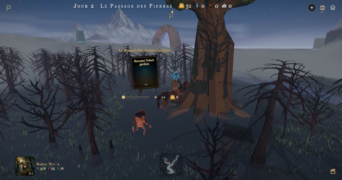 Un arbre géant dans une forêt morte, carte « Recruter Tréant gardien — 8 Or » avec un curseur de quantité ; au loin une montagne enneigée, une arche, et une tour cyan sur l’horizon à gauche.