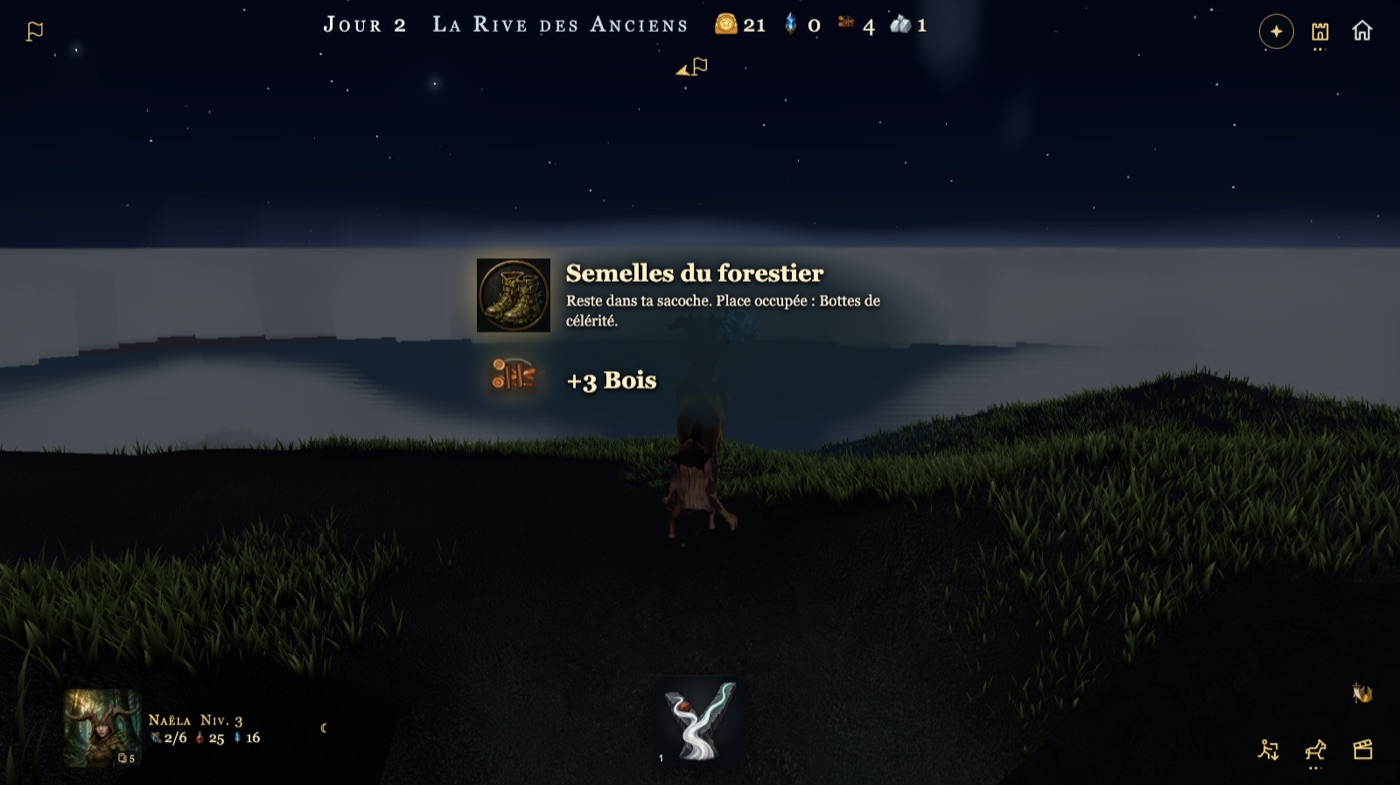 Au bord d’un lac noir sous les étoiles : « Semelles du forestier — Reste dans ta sacoche. Place occupée : Bottes de célérité. » et « +3 Bois ».