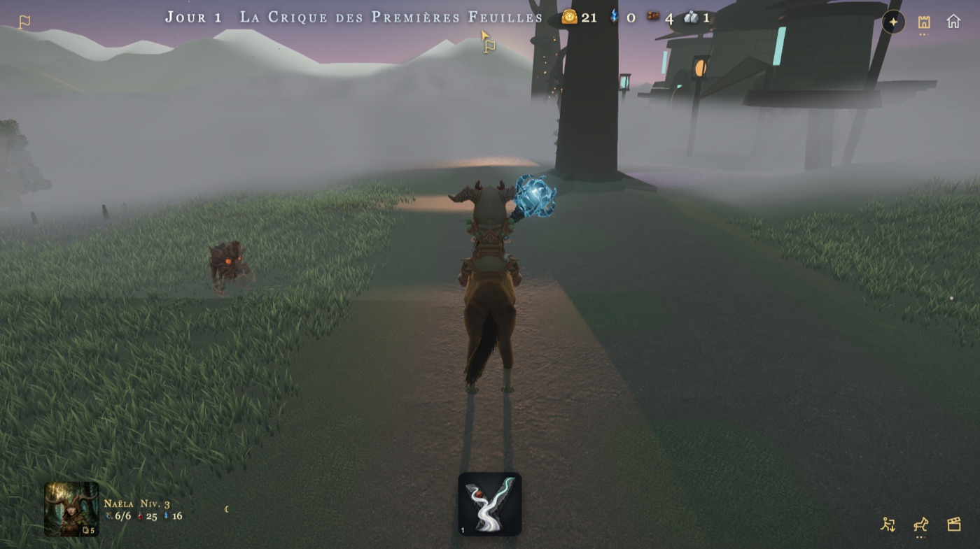 Aube rose : Naëla à cheval sur une route de terre, un arbre géant garni de lanternes et une maison sur pilotis dans la brume, Bourgeon dans l’herbe à gauche.