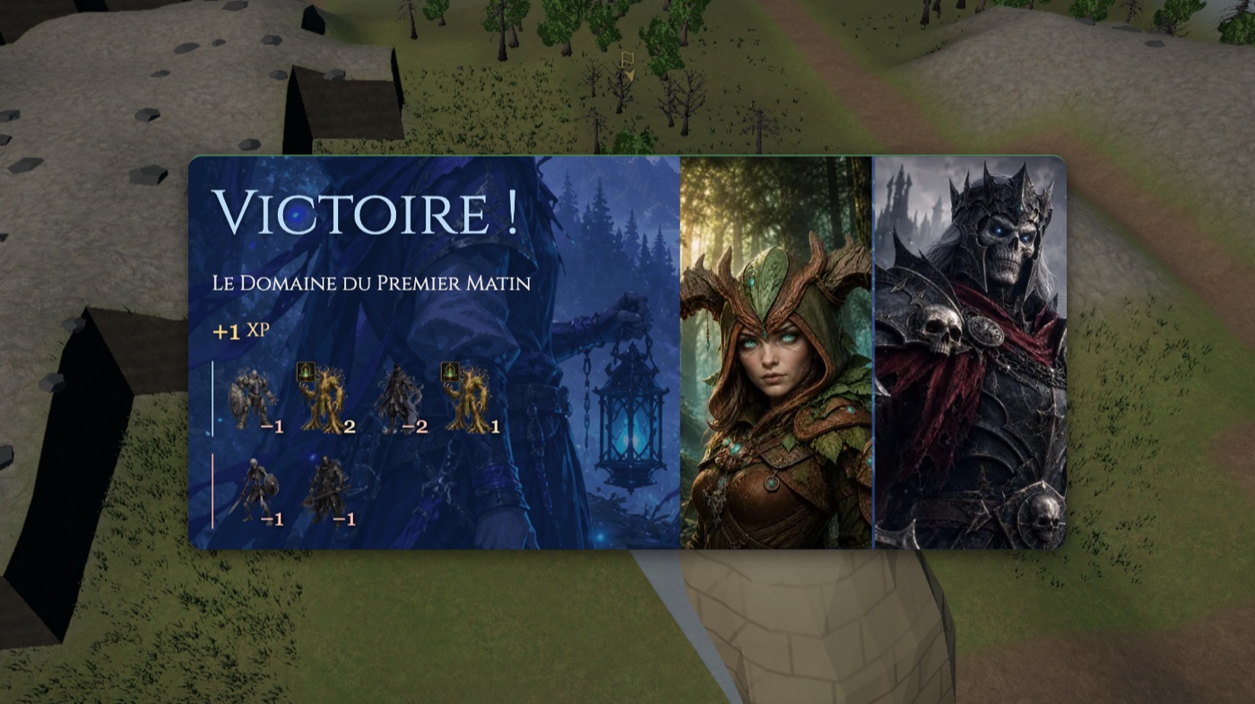 Carte de victoire : « Victoire ! Le Domaine du Premier Matin, +1 XP », le bilan des pertes de chaque camp, et deux portraits face à face : Naëla, et un roi-squelette couronné aux yeux bleus, cape rouge sang.