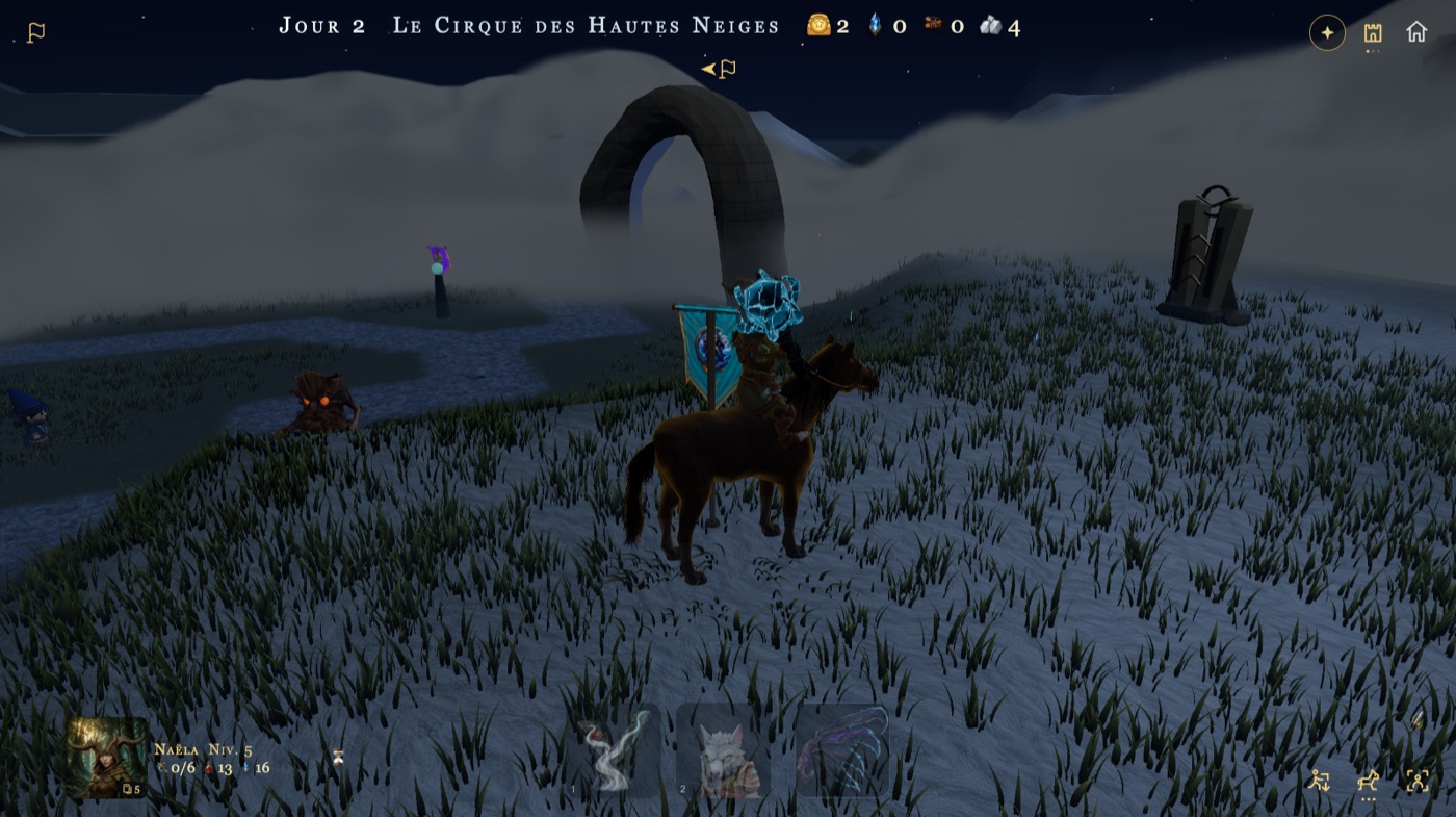 Nuit de neige : Naëla à cheval, un étendard bleu planté à côté d’elle, une stèle noire à droite, une arche au fond ; tout à gauche, minuscule, un mage au chapeau bleu de l’autre côté d’un ruisseau gelé.