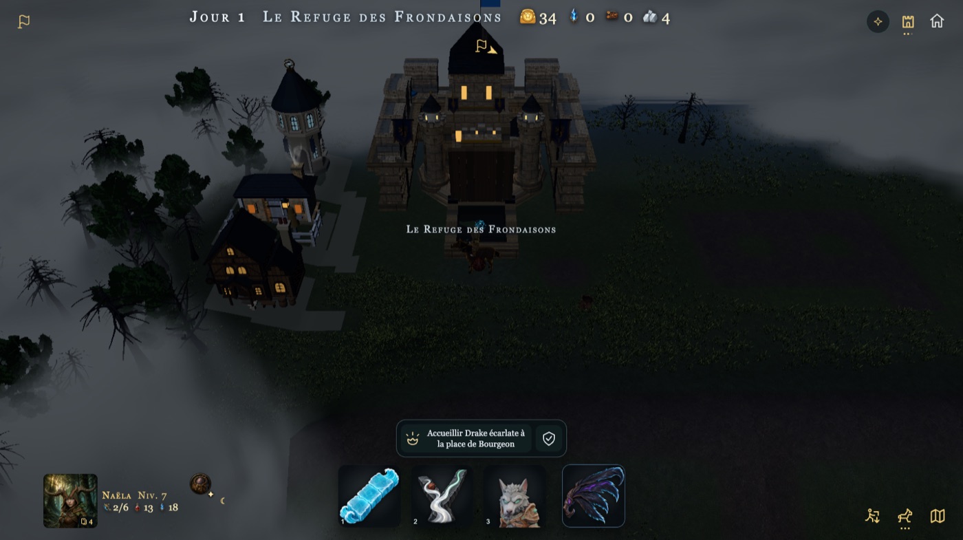 Dans la brume d’une forêt, un château de pierre à tourelles, une taverne aux fenêtres allumées et une tour ronde ; Naëla à cheval devant la porte ; en bas, la barre « Accueillir Drake écarlate à la place de Bourgeon ».