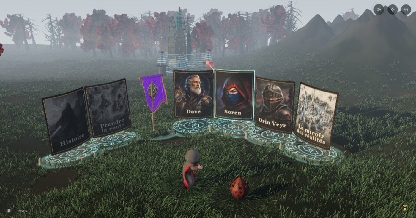 Quatre grandes cartes plantées dans l’herbe : Dave, Soren, Orin Veyr et le miroir des réalités ; au premier plan, Soren tout petit et un œuf rouge tacheté.
