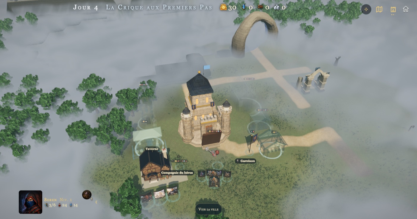 Le refuge : une tour de pierre aux bannières bleues, une taverne, une garnison et des emplacements de bâtiments posés sur la carte.