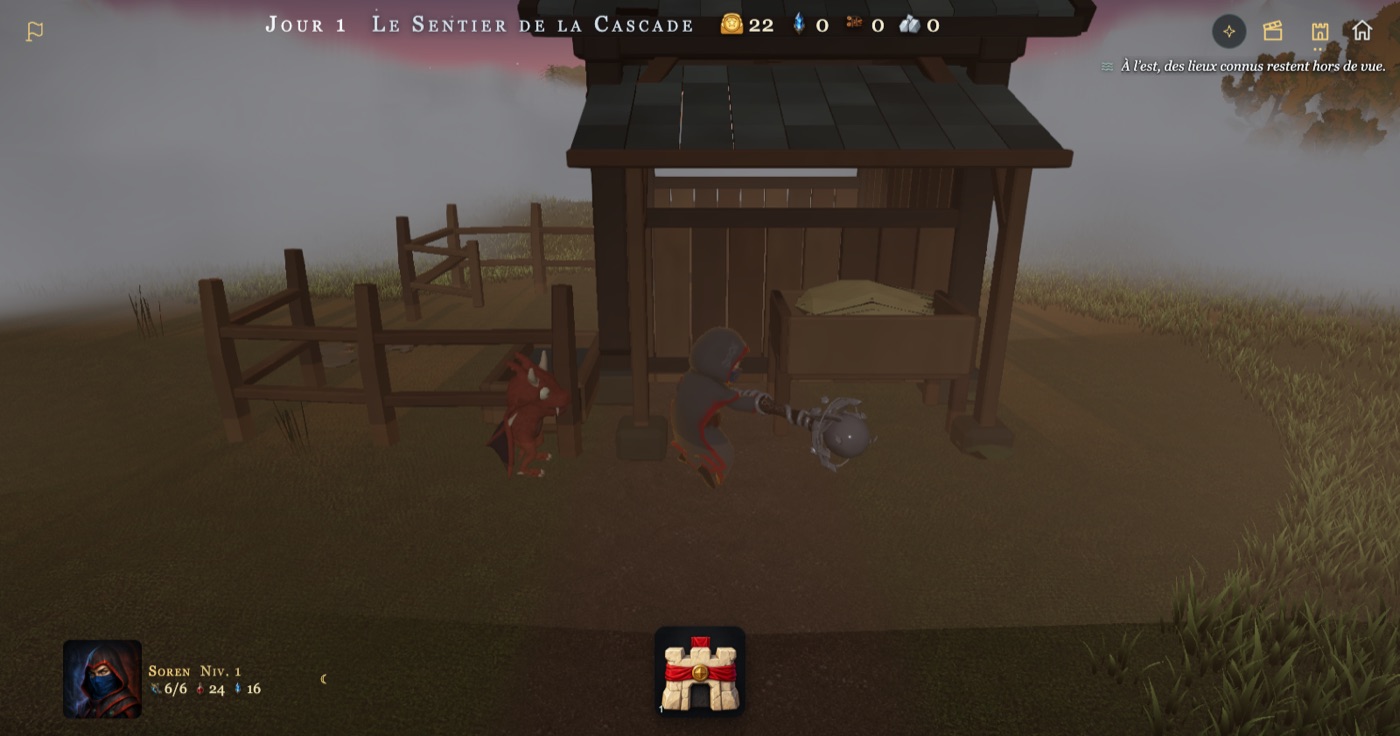Le soir, Soren et son petit drake debout sur ses pattes arrière devant une écurie en bois et son enclos.