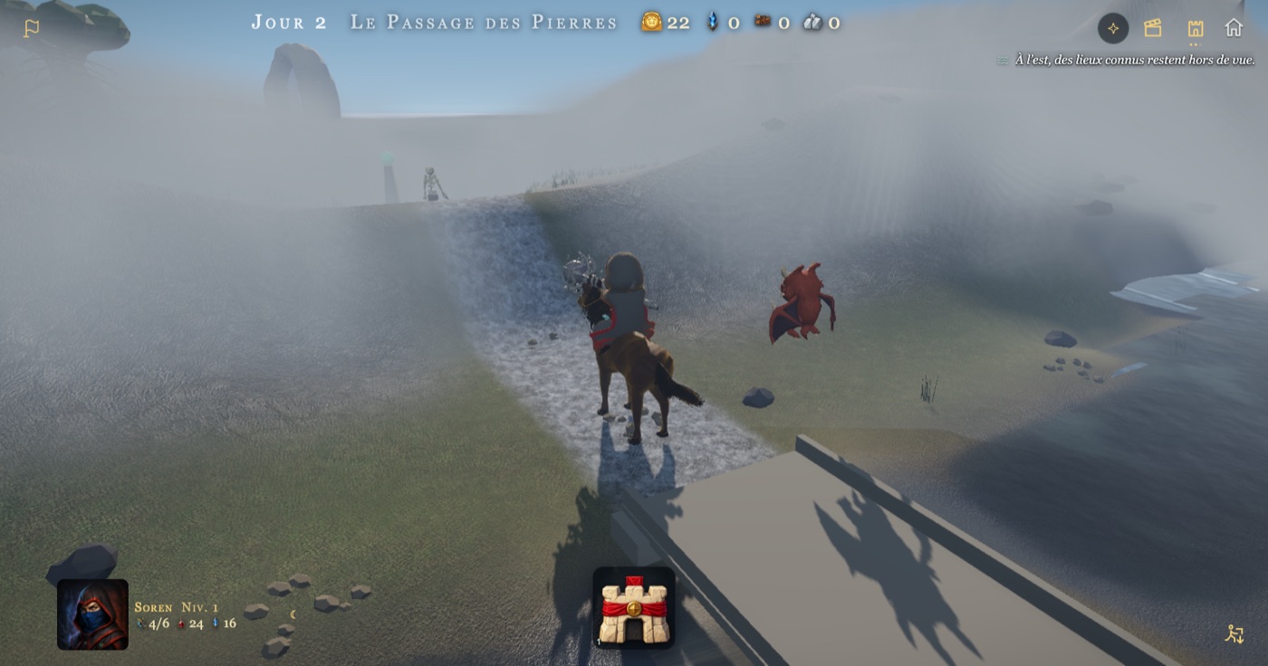Soren à cheval remonte un chemin blanc et écumant ; son drake vole à côté ; au bout, un squelette près d’une lanterne ; en bas à droite, une grande dalle grise.