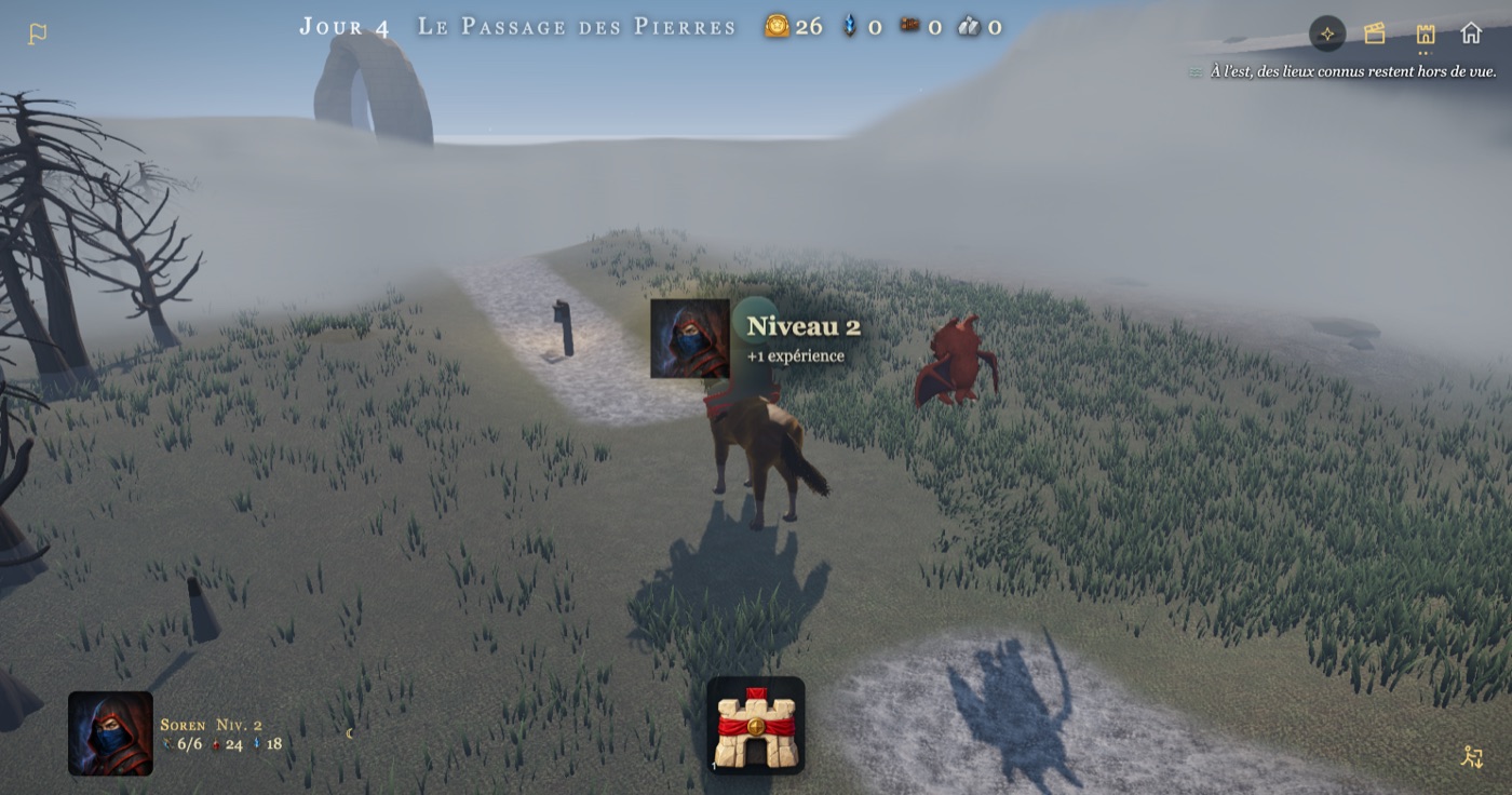 Soren à cheval de dos ; au-dessus de lui, son portrait et l’inscription Niveau 2, plus 1 expérience ; le drake vole à côté.