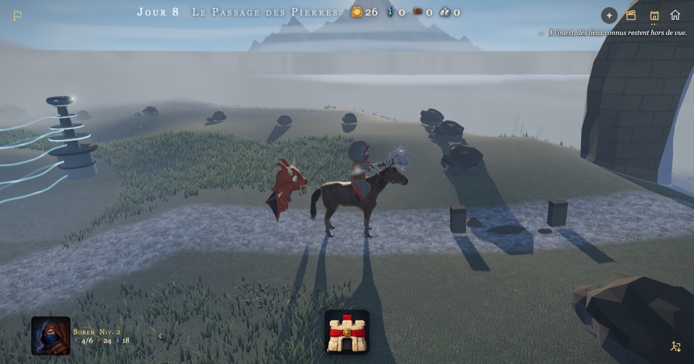 Soren à cheval et son drake sur un chemin ; à gauche une tour entourée de rubans de vent turquoise, à droite le pied d’une grande arche.