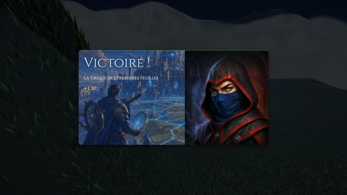 Un grand cartouche : Victoire ! La Crique des Premières Feuilles, plus 1 XP, avec une peinture d’un mage de Chronos devant une cité bleue, et le portrait de Soren.