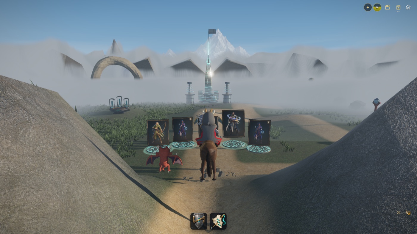 Combat de jour : cinq cartes en arc devant Soren à cheval et son drake, au pied de la flèche de cristal et d’une montagne enneigée ; seules les cornes du drake ennemi dépassent derrière la capuche de Soren.