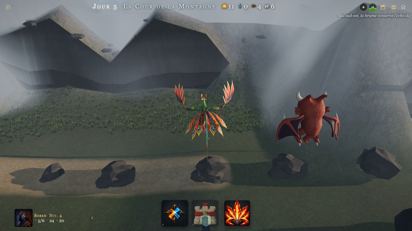 Soren transformé en phénix aux plumes arc-en-ciel et à la longue traîne de paon, qui plane à côté du drake rouge ; en bas, la barre montre l’icône de feu de l’Aspect du Phénix.