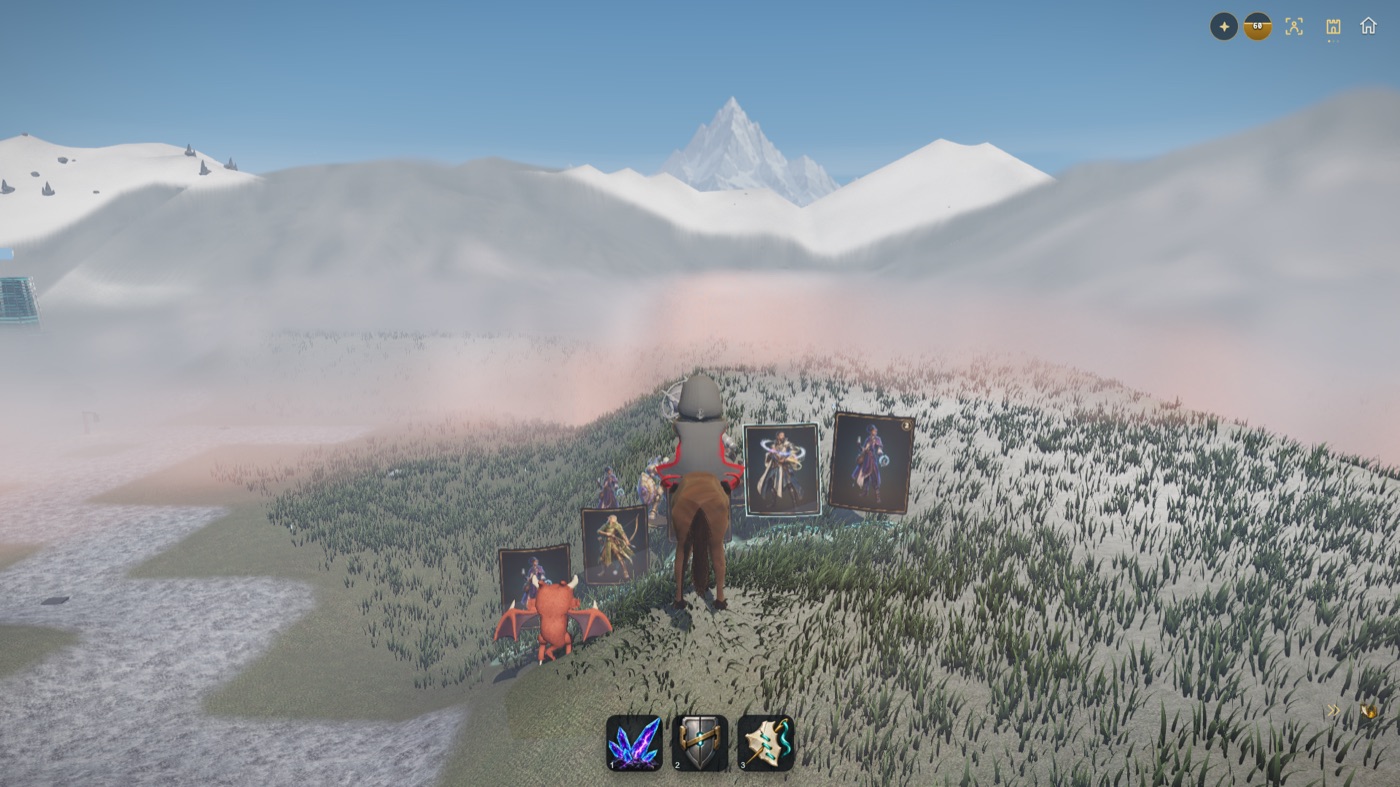 Duel vu de derrière Soren à cheval : ses cinq cartes en arc, son drake à gauche, face à une grande montagne blanche sous un ciel bleu ; aucun ennemi visible.