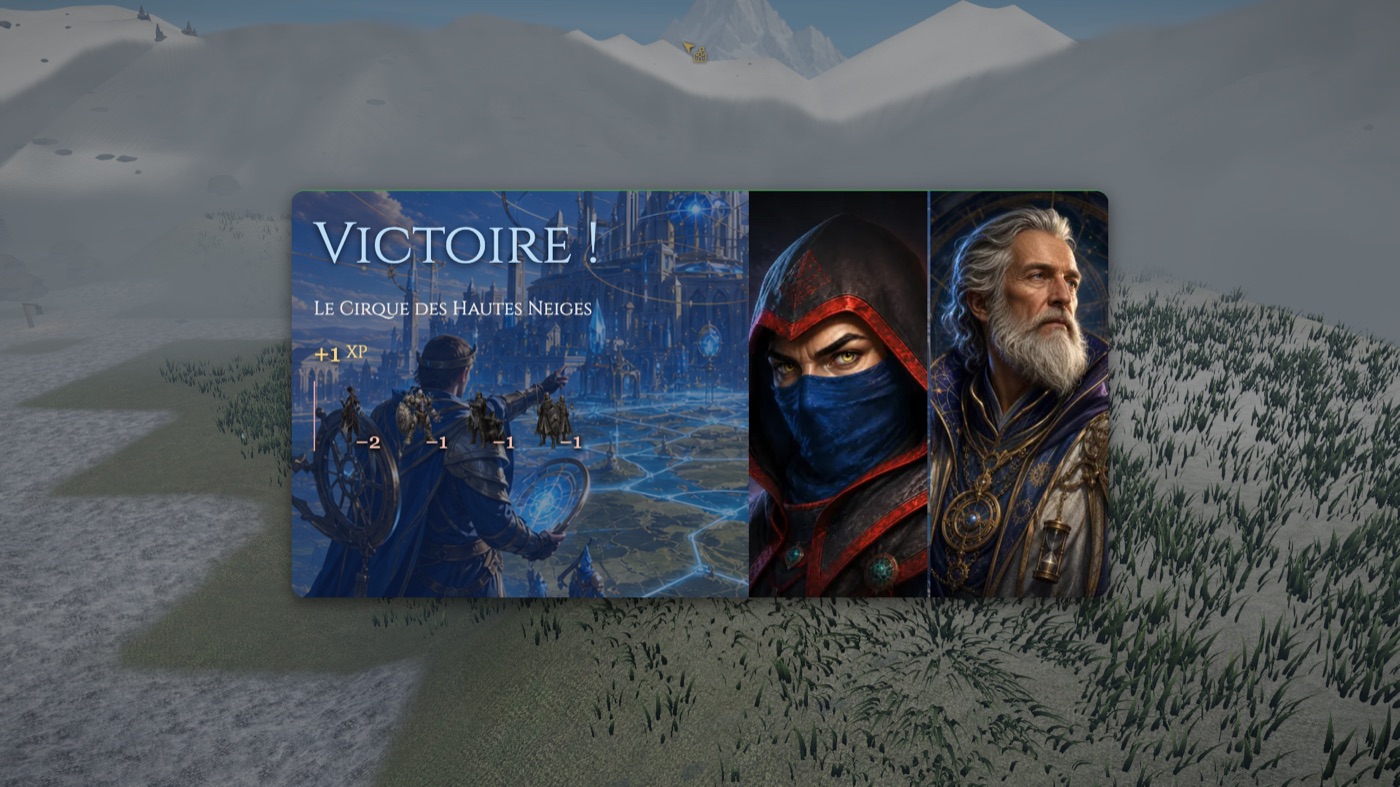 Grand cartouche Victoire ! Le Cirque des Hautes Neiges, plus 1 XP, quatre petites figurines marquées moins 2 et moins 1 ; à droite, le portrait masqué de Soren et celui d’un vieux sage à barbe blanche.