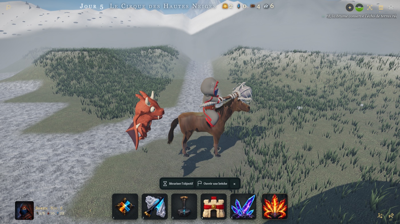 Soren à cheval et son drake sur un chemin herbeux entre deux collines ; en bas, un petit menu : Sécuriser l’objectif, Ouvrir une brèche.