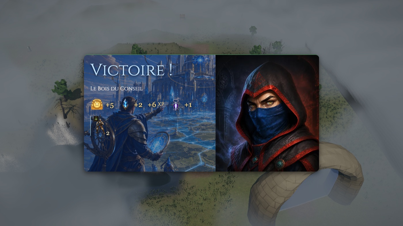 Grand cartouche Victoire ! Le Bois du Conseil : plus 5 or, plus 2, plus 6 XP, plus 1 lanterne ; une petite figurine marquée 2 ; à droite, le portrait masqué de Soren.