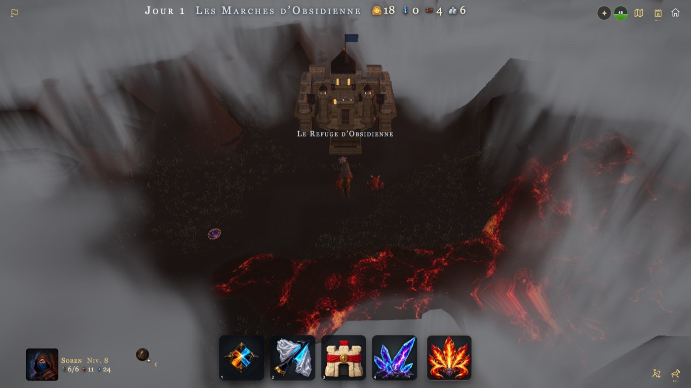 Vue de haut, sombre : un château de brique au drapeau bleu, le Refuge d’Obsidienne ; Soren à cheval et son drake juste en dessous ; une coulée de lave barre le bas de l’image ; un orbe violet brille à gauche.