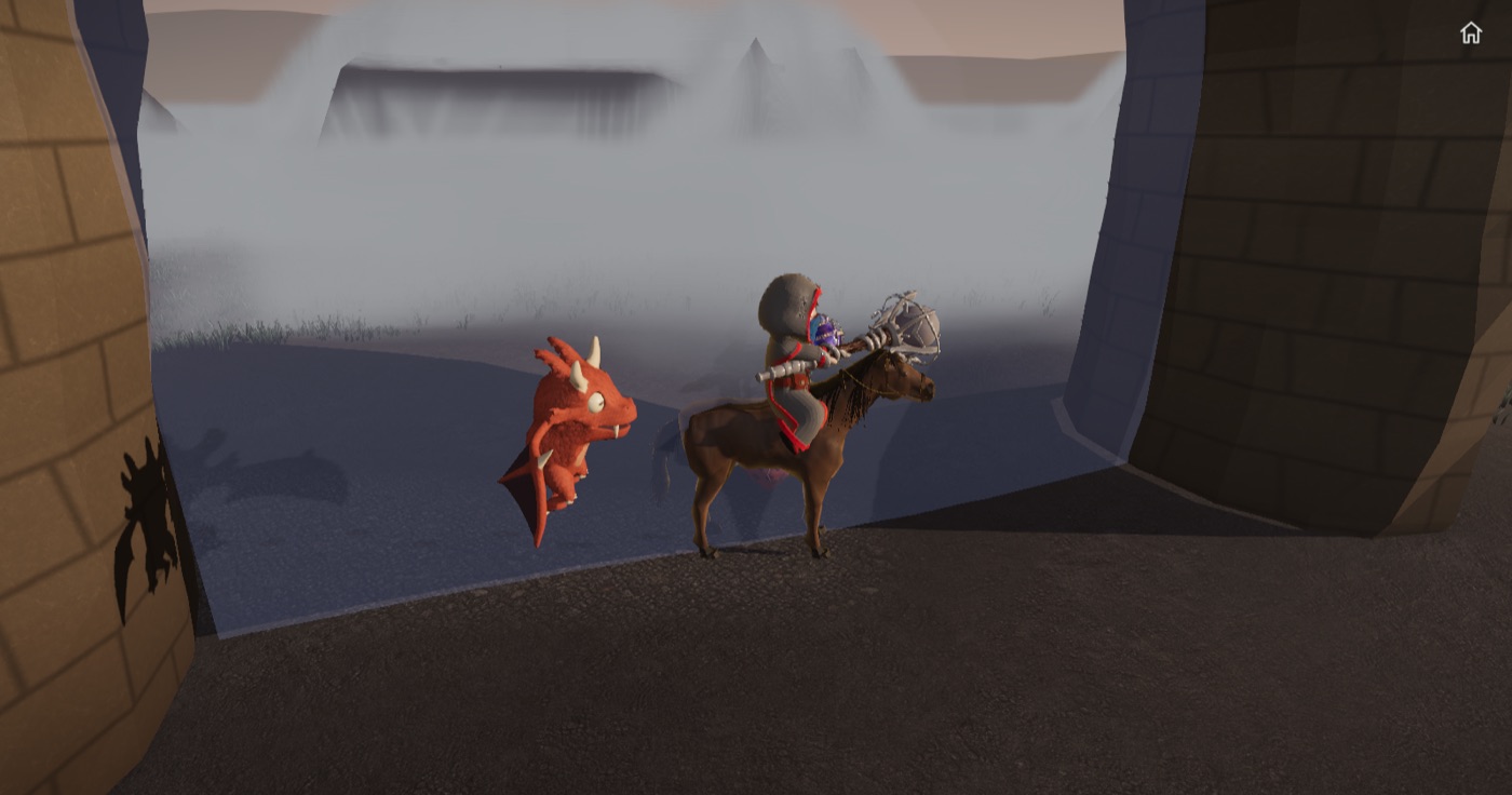 Sous une grande arche de brique, Soren à cheval, bâton levé, et son drake rouge qui vole à côté de lui ; au-delà, un voile de brume et des montagnes.