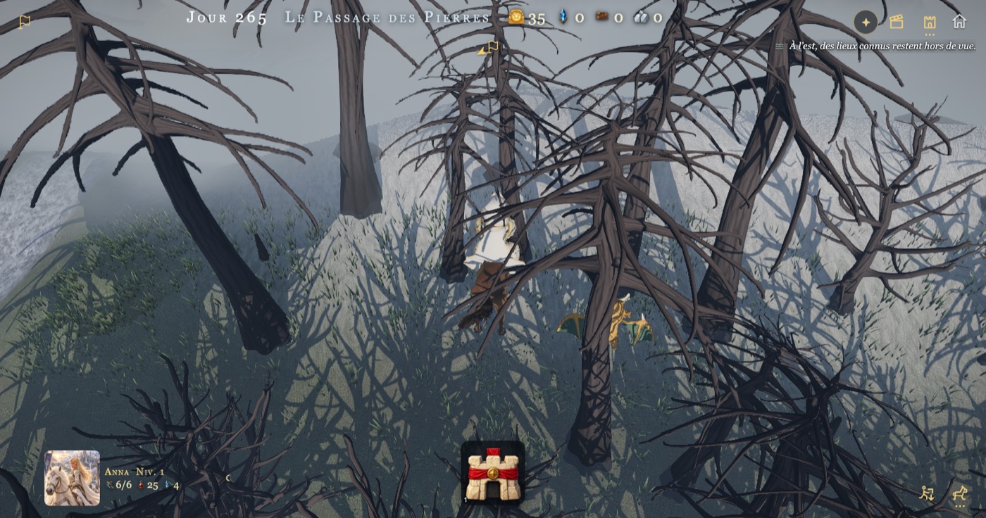 La route continue vers des pics enneigés, entre les arbres morts