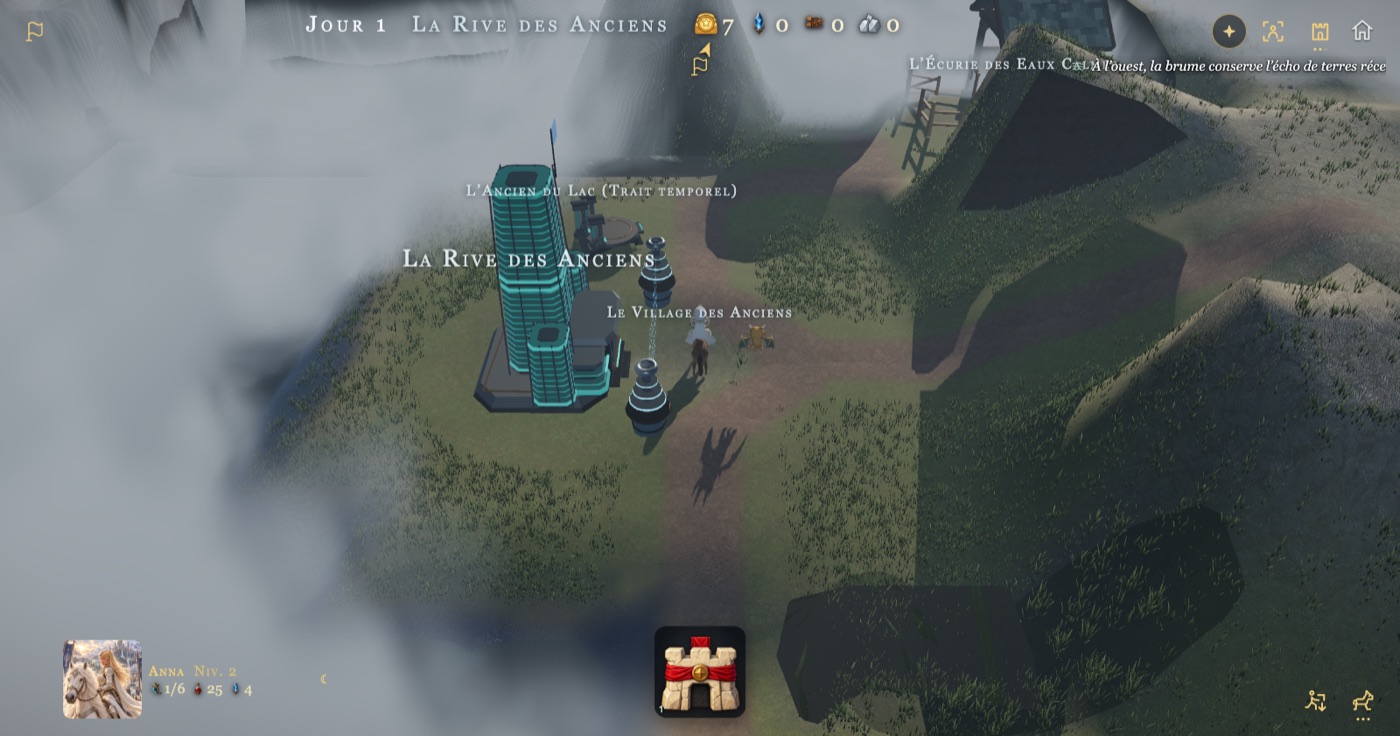 Vue tactique de la Rive des Anciens : les noms enfin lisibles, la tour de l'Ancien du Lac au centre