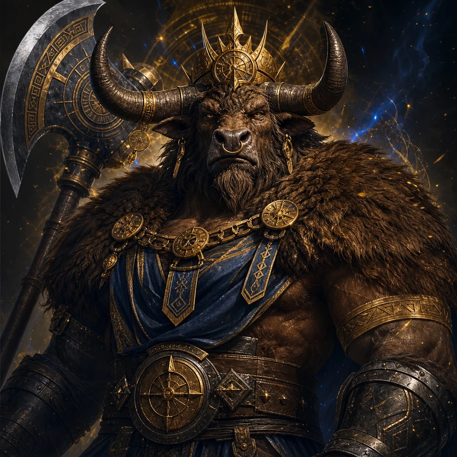 Bull Emperor portrait with ritual gold, heavy axe, horns, and imperial armor.