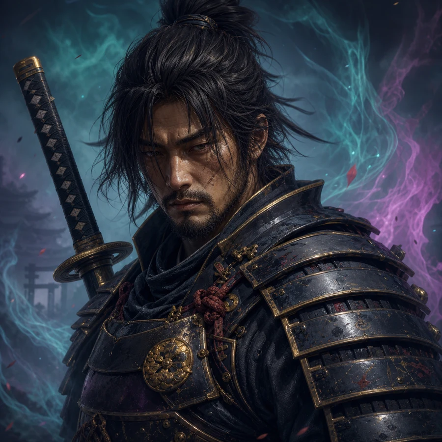 Samurai Ronin portrait with dark armor, sword, and teal-violet Veil smoke.