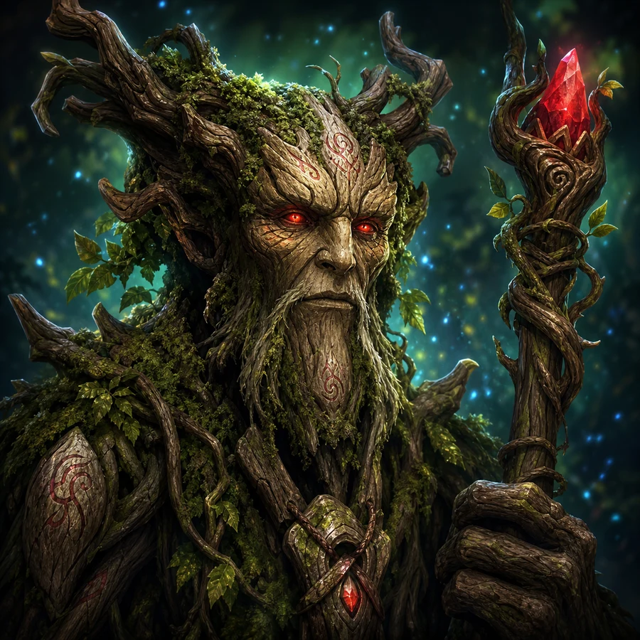 Treant Mage portrait with ancient bark face, red crystal staff, and forest light.