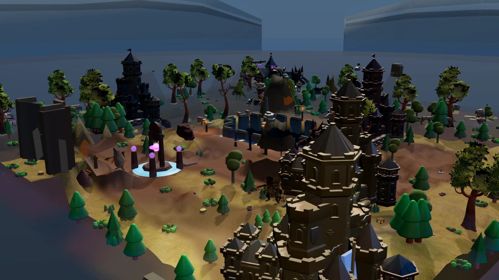 Readable map view over Lakeside Stronghold with castles, trees, ritual sites, and layered terrain.