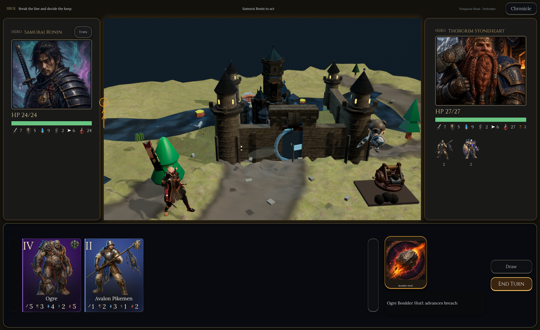 Siege encounter where Samurai Ronin attacks Thorgrim Stoneheart's castle with an Ogre Boulder Hurl action ready.