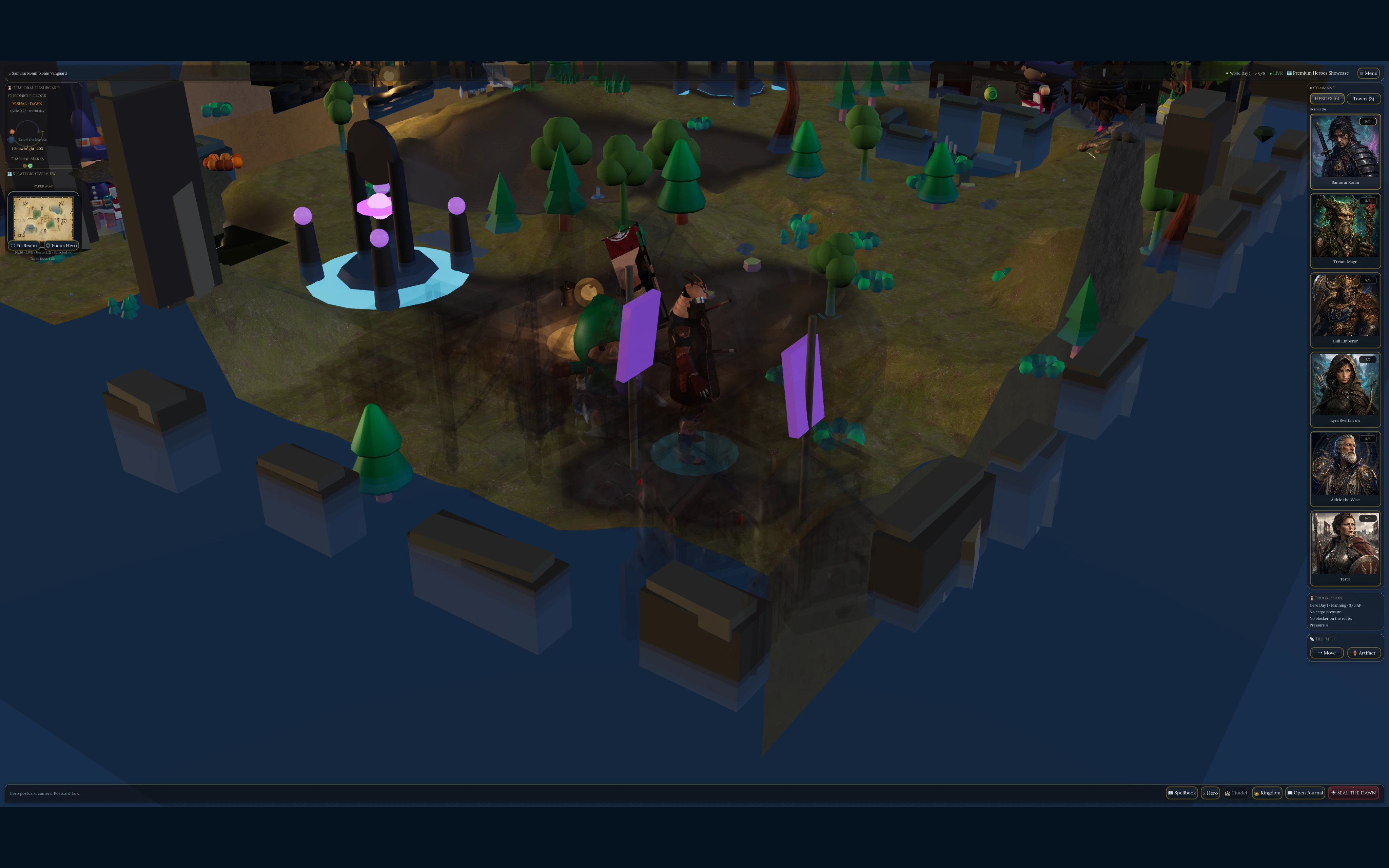 Samurai Ronin selected on the adventure map with the premium hero rail, route controls, and local-day HUD visible.